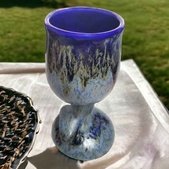 Doug Wylie Whale Tail Set-2 Wine/Water Handmade Goblet Blue/Grey Drip Pottery - Picture 14 of 15